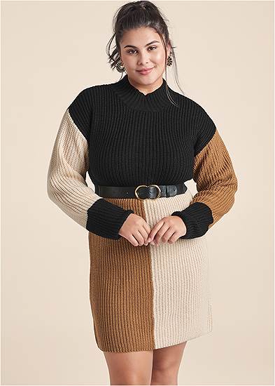 Plus Size Belted Color Block Sweater Dress