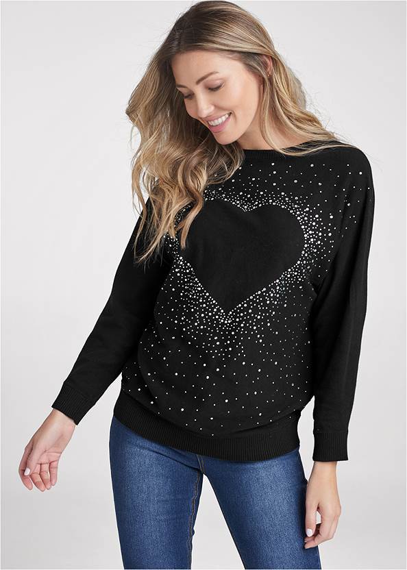 Embellished Heart Sweater,Bum Lifter Jeans,Mid Rise Color Skinny Jeans,Studded Over The Knee Boots,Hoop Detail Earrings