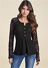 Cropped Front View Waffle And Lace Peplum Top