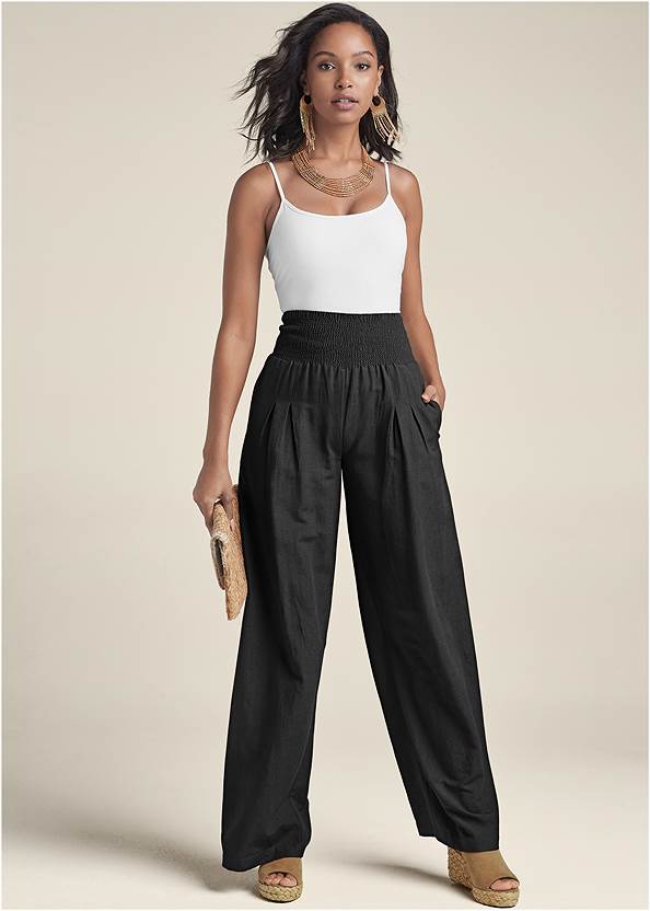 Smocked Waist Wide Leg Pants,Basic Cami Two Pack,Off-The-Shoulder Top, Any 2 Tops For $39,High Heel Strappy Sandals,Zippered Tassel Bucket Bag