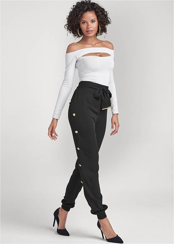 Button Detail Jogger Pants,Off-The-Shoulder Top,Square Neck Top,Peep Toe Mules,Oversized Gold Hoop Earrings,Gold Chain Link Bracelet
