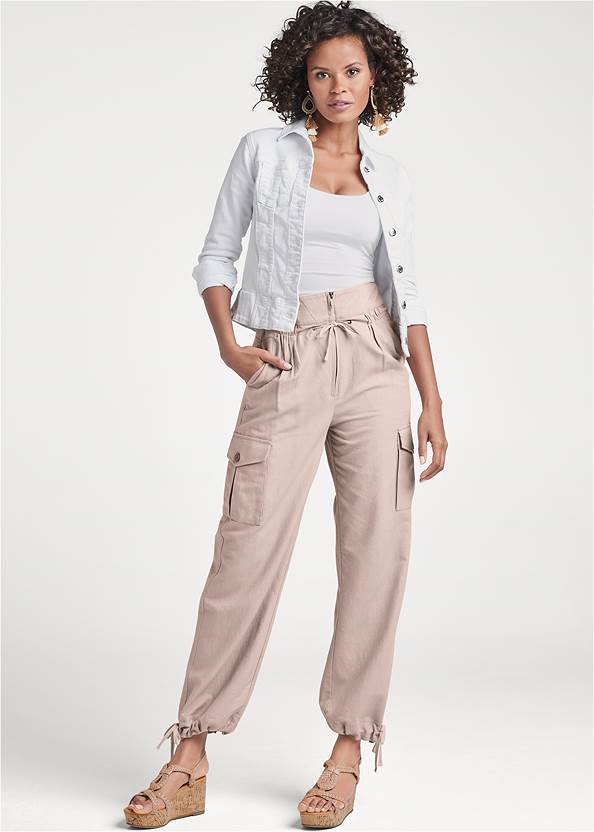High Rise Linen Cargo Pants,Basic Cami Two Pack,Strappy Detail Top,Jean Jacket,Braided Strappy Cork Wedges,Braided Detail Cork Wedges,Tassel Detail Hoop Earrings,Tiered Tassel Drop Earrings