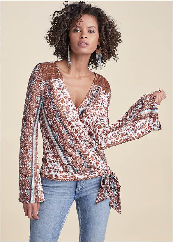 Printed Wrap Top,Mid Rise Color Skinny Jeans,Bum Lifter Jeans,Faux-Suede Fringe Booties,Tiered Tassel Drop Earrings