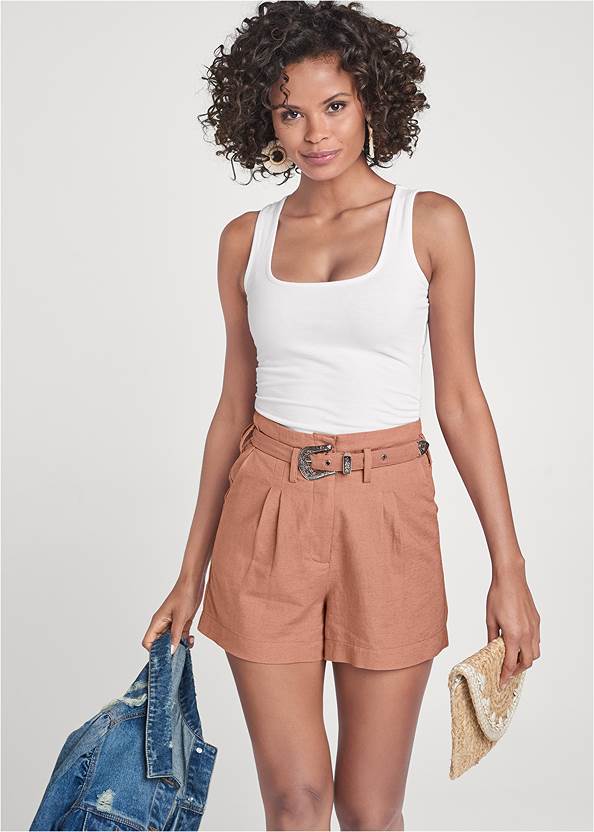 Linen Shorts With Belt,Square Neck Tank Top,Strappy Detail Top,Cropped Puff Sleeve Denim Jacket,High Heel Strappy Sandals,Fringe Detail Bag,Bold Scoop Top,The Vivianne Bottom,Animal Print Bangle Set,Raffia Strappy Jewel Sandals,Raffia Hoop Earrings