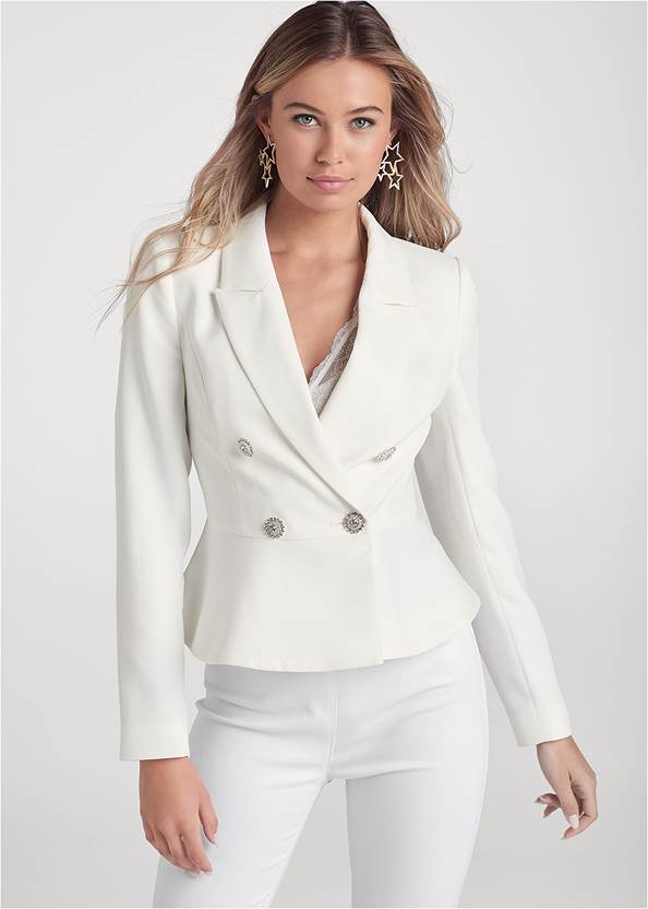 Peplum Suit Jacket,Pearl By Venus® Lace Bralette,Mid Rise Slimming Stretch Jeggings,High Heel Strappy Sandals,Clustered Star Earrings