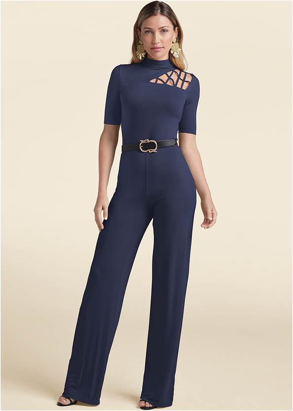 Strappy Mock-Neck Jumpsuit,High Heel Strappy Sandals,Strappy Toe Loop Heels