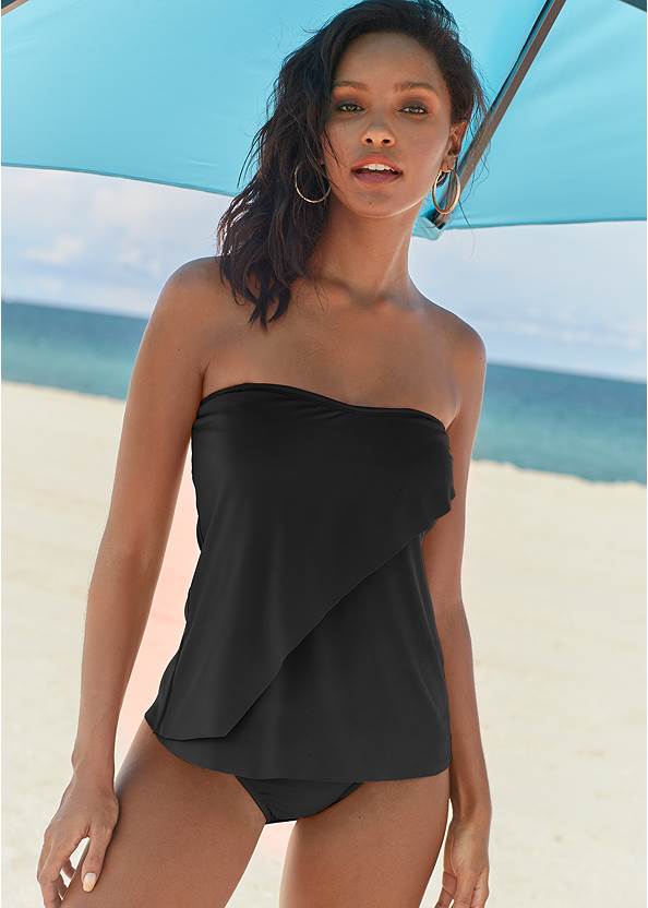 Classic Bandeau Tankini Top,Classic Hipster Mid-Rise Bottom,Full Coverage Mid-Rise Hipster Bikini Bottom,Skirted Mid-Rise Bottom