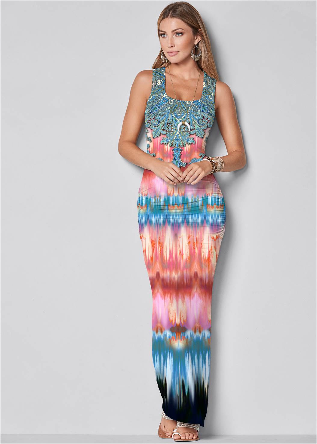 Watercolor Print Maxi Dress in Coral Multi | VENUS