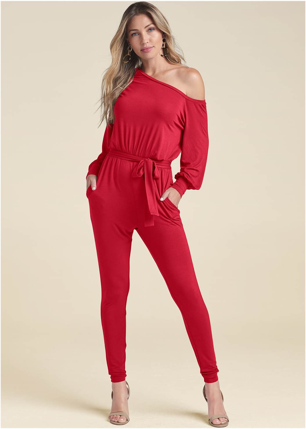 Red Jumpsuit With Cut On Shoulder | MOE | SilkFred
