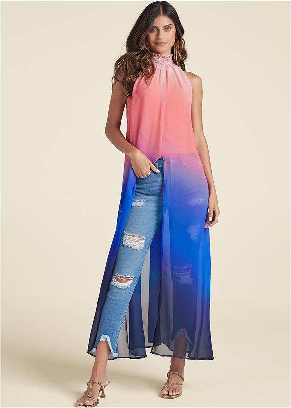 Ombre Mock-Neck Maxi Top,Triangle Hem Jeans,Rhinstone Cuffed Jeans,Strappy Rhinestone Heels,Studded Leather Cork Wedges