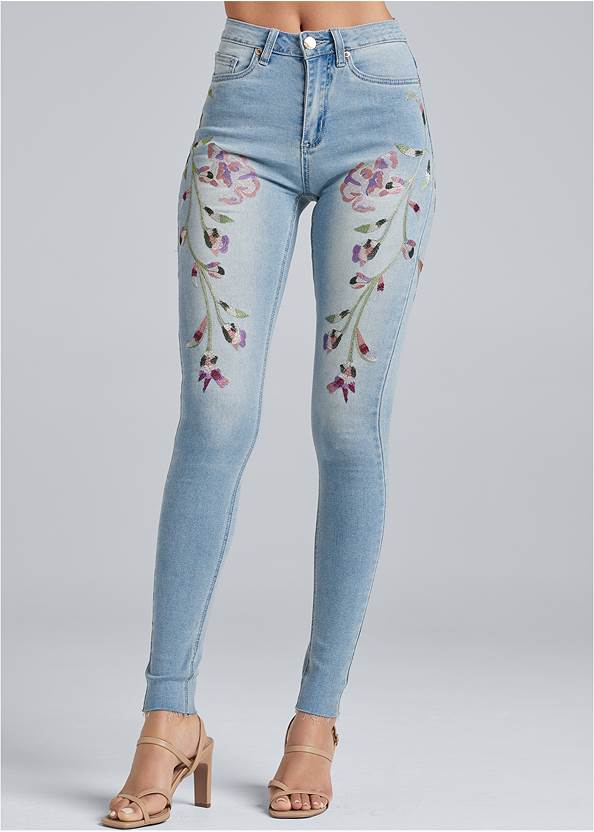 Waist down front view Floral Embroidered Jeans