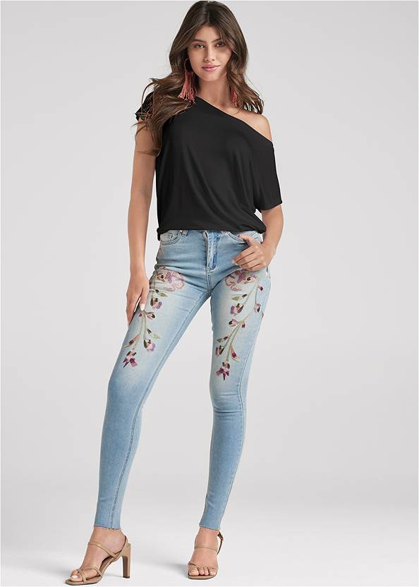 Floral Embroidered Jeans,Casual Tee, Any 2 Tops For $39,One-Shoulder Ruched Top,Strappy Toe Loop Heels,Fringe Hoop Earrings