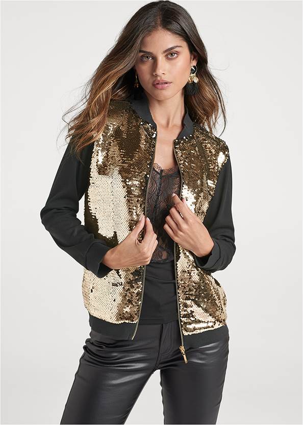 Sequin Bomber Jacket,Lace Detail Tank,5-Pocket Faux-Leather Pants,Sexy Slingback Heels