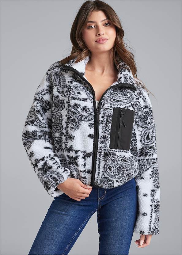 Cropped Front View Paisley Print Puffer Jacket
