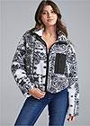 Cropped Front View Paisley Print Puffer Jacket