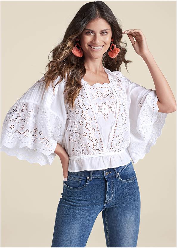 Cropped Front View Eyelet Bell Sleeve Top