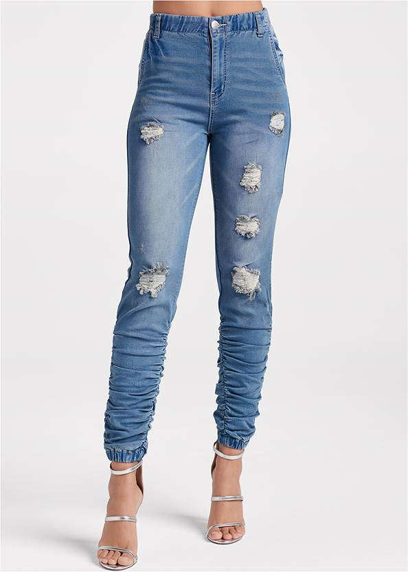 Waist down front view Elastic Waistband Ruched Jean Joggers With Distressing