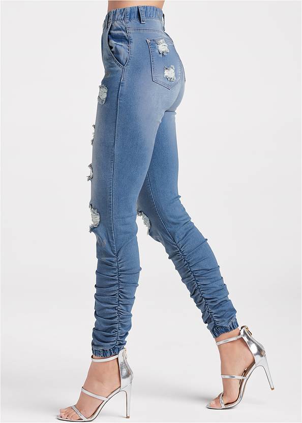 Waist down side view Elastic Waistband Ruched Jean Joggers With Distressing