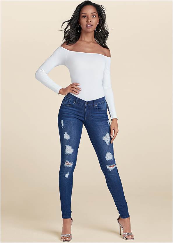 Ripped Skinny Jeans,Off-The-Shoulder Top,Shape Embrace Bodysuit