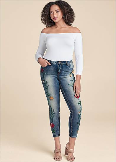 Plus Size Floral Embroidered Skinny Jeans