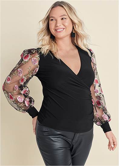 Plus Size Embroidered Sleeve Top