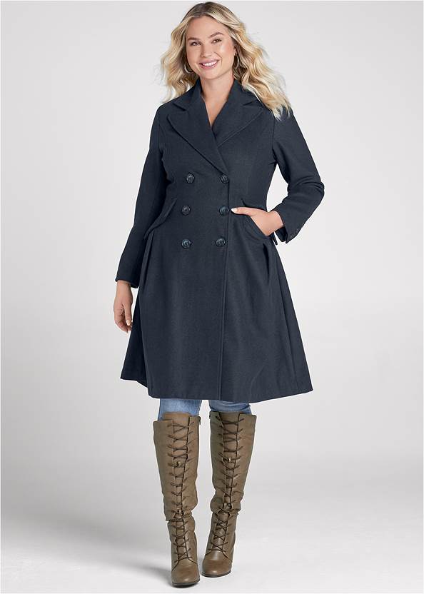 Long Double Breasted Coat,Basic Cami Two Pack,Slim Jeans,Lace-Up Tall Boots