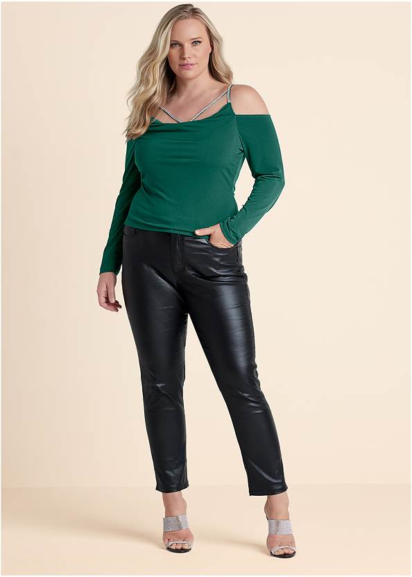 5-Pocket Faux-Leather Pants,Embellished Strappy Top