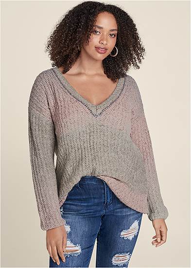 Plus Size Ombre Knit V-Neck Sweater