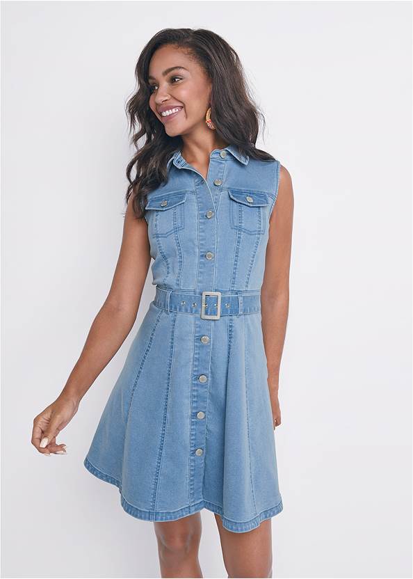 Front View Belted A-Line Denim Dress
