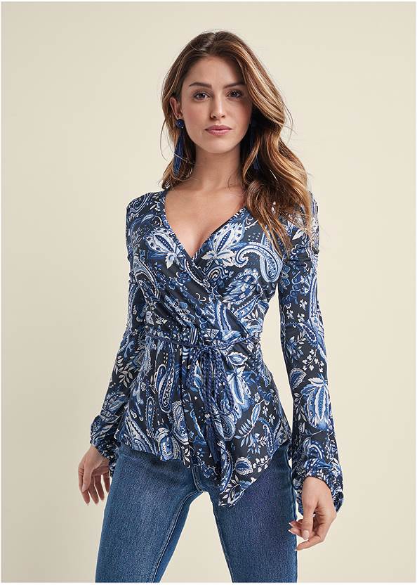 Cropped front view Paisley Balloon Sleeve Top