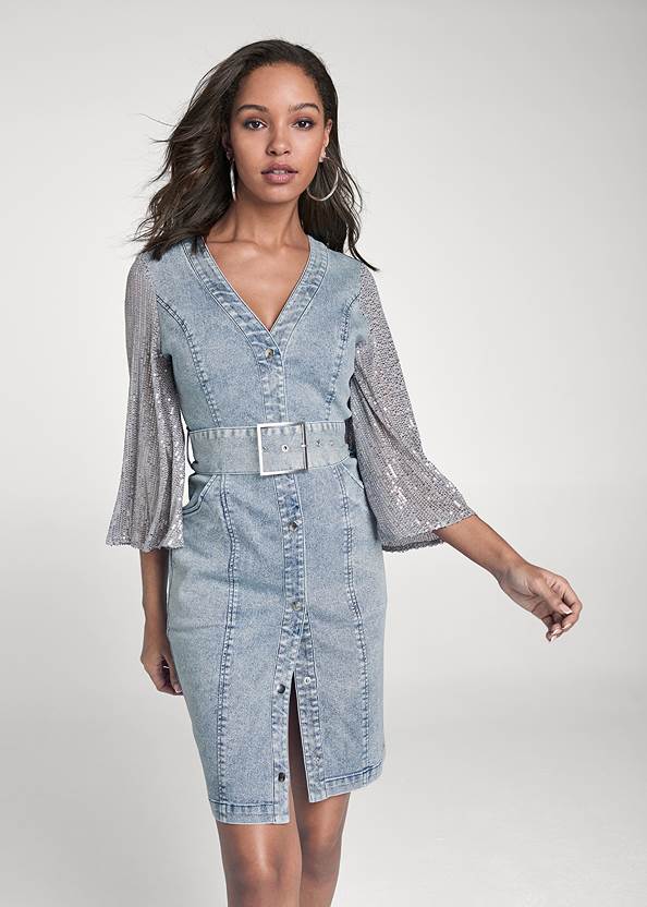 Cropped front view Sequin Sleeve Denim Dress