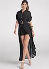 Front View Sheer Overlay Belted Romper
