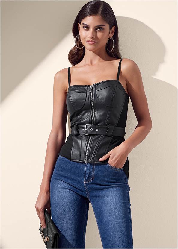 Faux-Leather Bustier Top,Bum Lifter Jeans,Casual Bootcut Jeans,Buckle Detail Booties