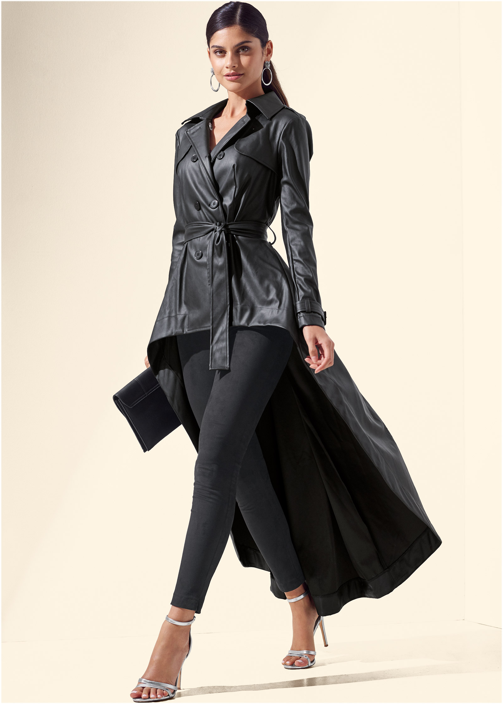High-low faux-leather trench coat in Black | VENUS