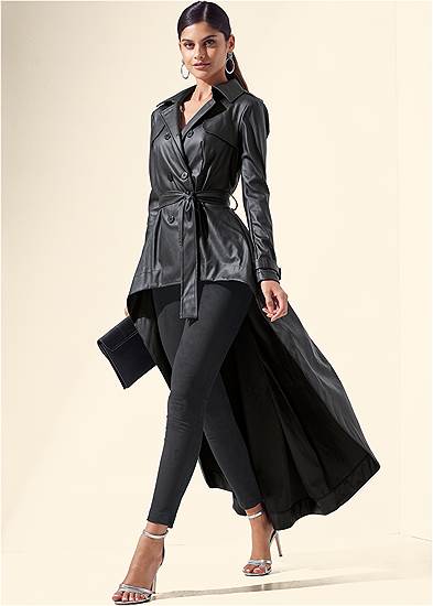 High-Low Faux-Leather Trench Coat