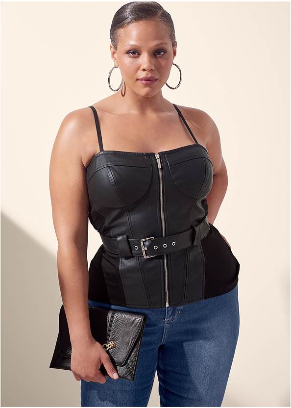 Faux-Leather Bustier Top,Lift Jeans,Buckle Detail Booties