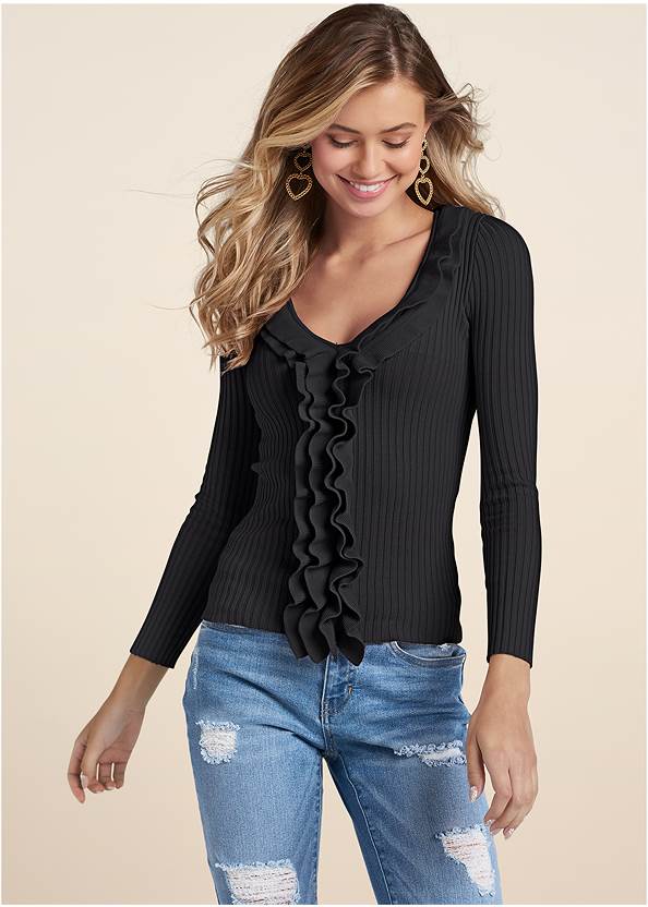 Cropped front view Ruffle Front Ribbed Sweater