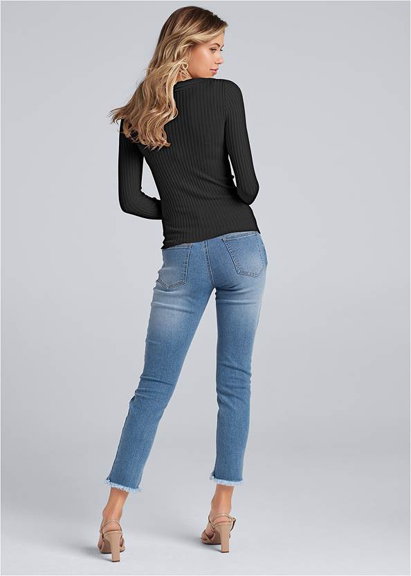 Full back view Ruffle Front Ribbed Sweater
