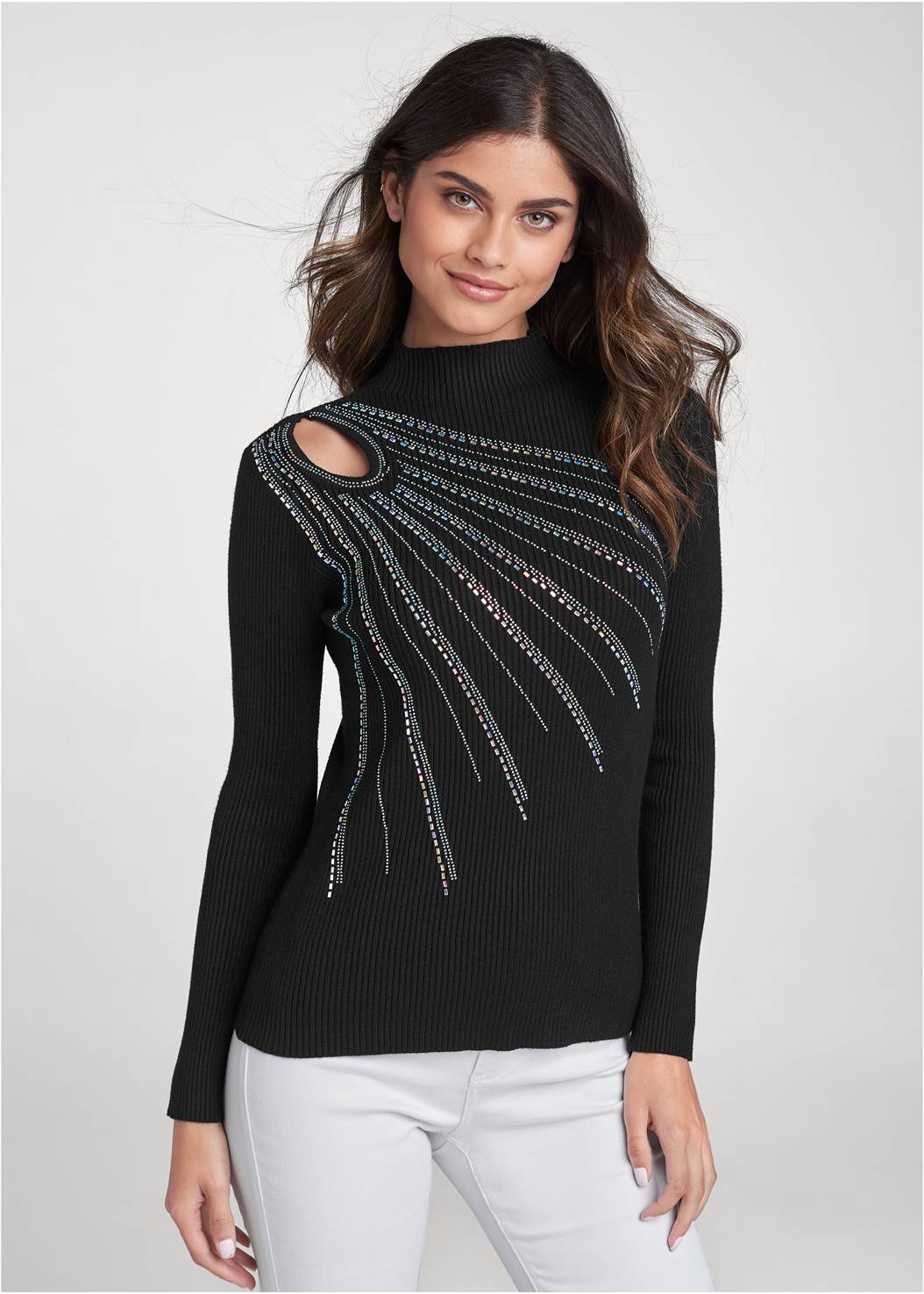 VENUS | Rhinestone Cutout Sweater in Black