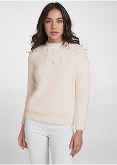 Embellished Eyelash Sweater in White | VENUS