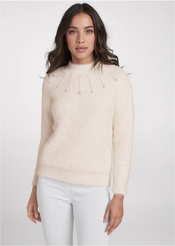 Embellished Eyelash Sweater,Mid-Rise Slimming Stretch Jeggings,Lift Jeans,Whipstitch Peep Toe Booties