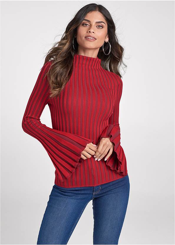 Ribbed Bell Sleeve Sweater,Mid Rise Color Skinny Jeans,Casual Bootcut Jeans,Slouchy Pointed Toe Booties,Studded Faux-Leather Tote