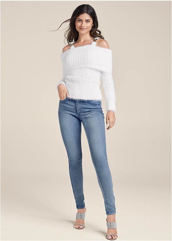 Full Front View Chain Detail Cold-Shoulder Sweater