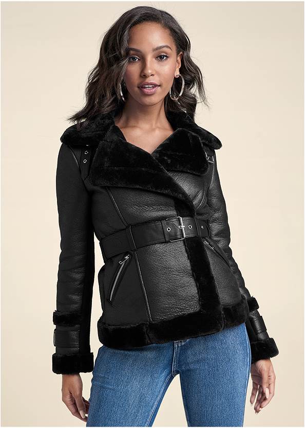Fur Trim Faux Leather Jacket In Black, Ladies Leather Coat With Fur Trim
