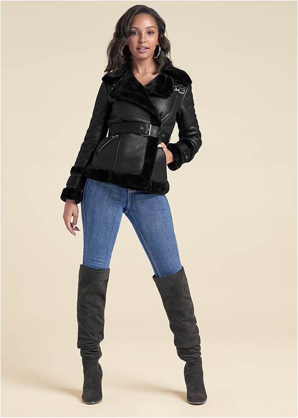 Full front view Fur Trim Faux-Leather Jacket