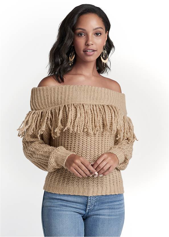 Cropped Front View Off-The-Shoulder Fringe Sweater