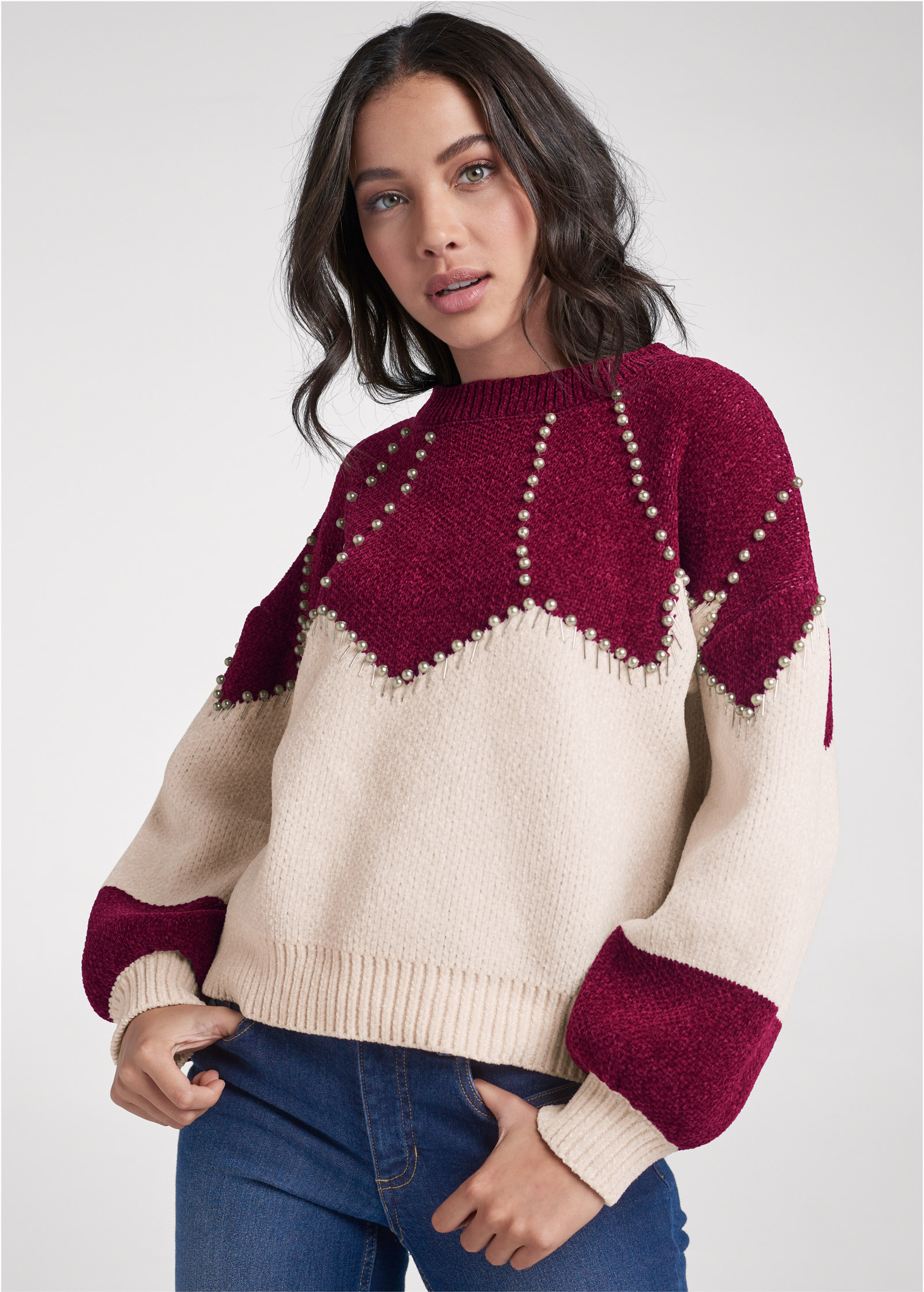 Faux-pearl chenille sweater in Red & White | VENUS