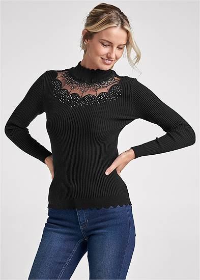 Sheer Detail Mock-Neck Sweater