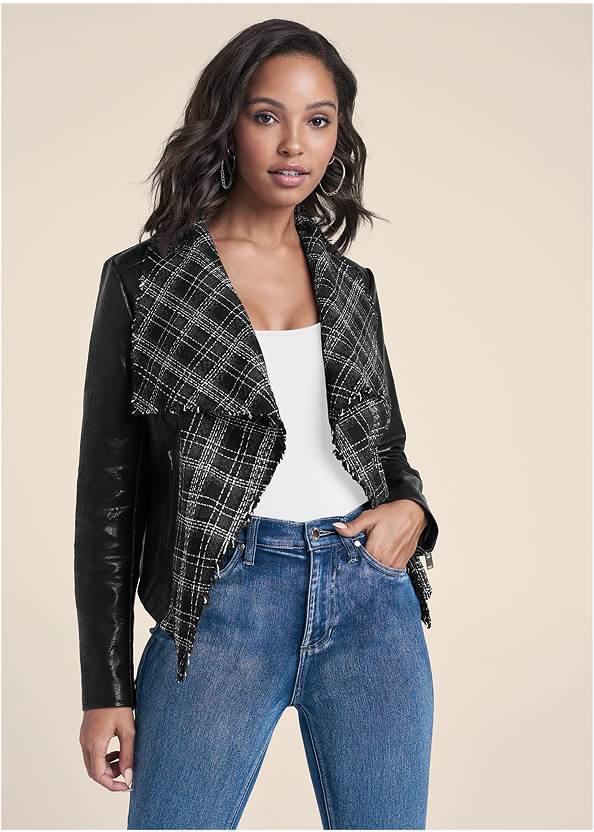 Cropped front view Faux-Leather Tweed Jacket