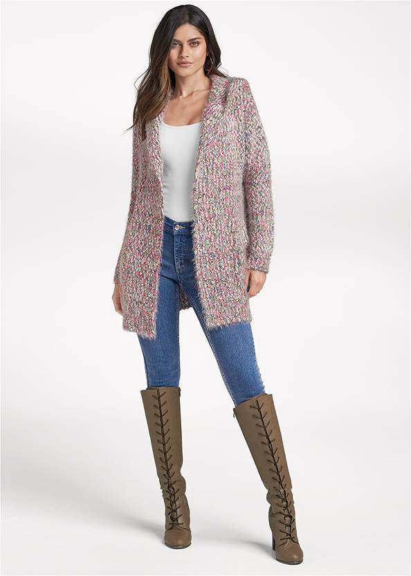 Full Front View Marled Cardigan With Hood